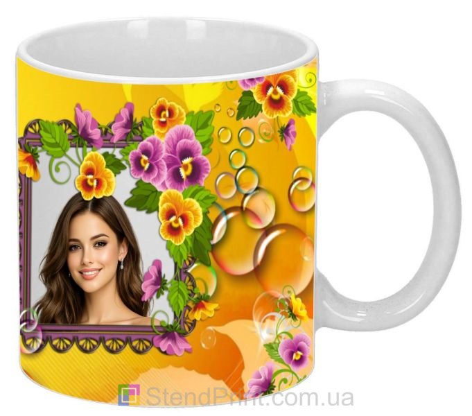 Чашка с фото для девушки с яркими цветами заказать подарок