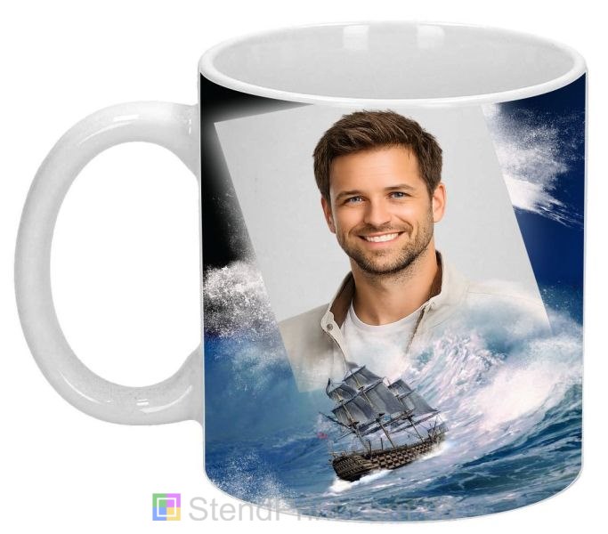 Кружка з фото на подарунок чоловіку з кораблем у морському штормі