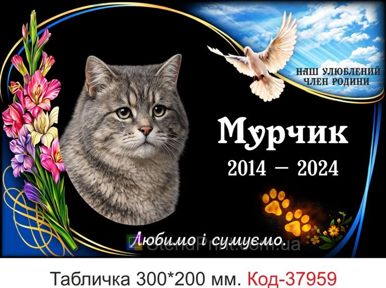Замовити ритуальну табличку для кота на могилу з фото і голубом