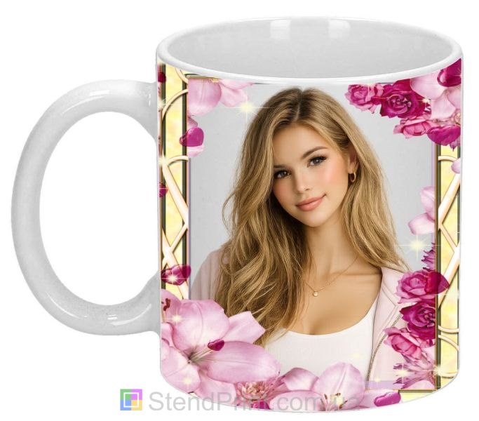 Чашка з фото у рожевому квітковому дизайні замовити