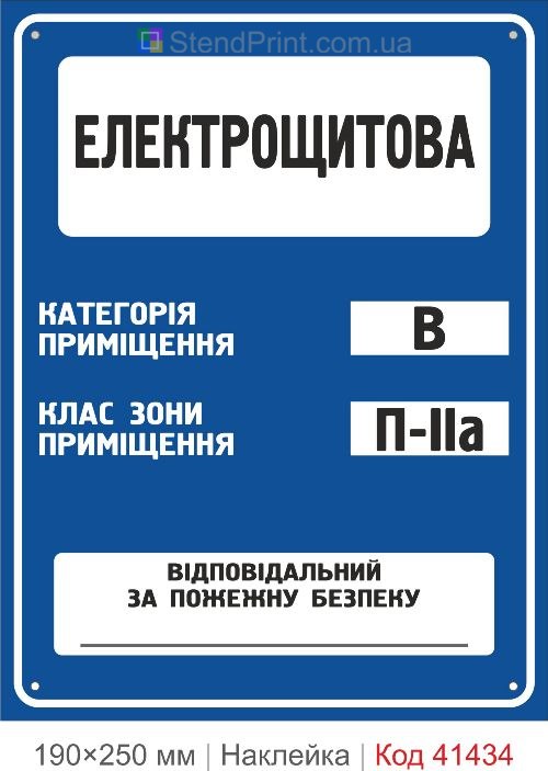 Електрощитова В П-IIa наклейка категорія приміщення клас зони