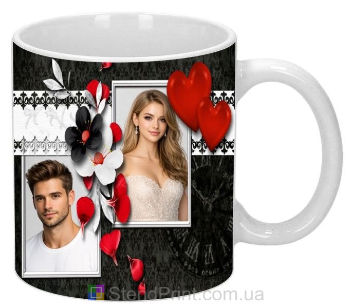 Кружка с фото с сердцами и цветами романтический коллаж на подарок для пары заказать