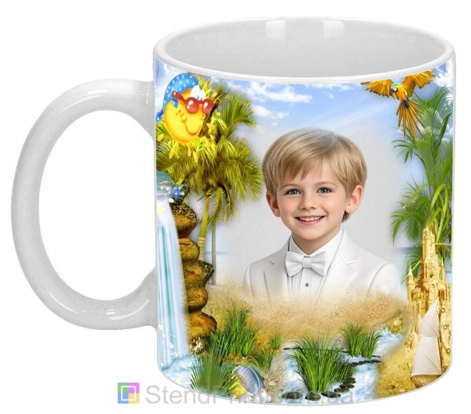 Детская кружка с фото песочное побережье и пальмы