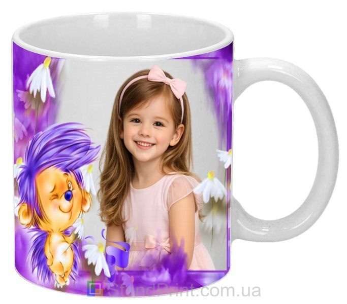 Детская кружка с фото цветы и мультяшный ёжик