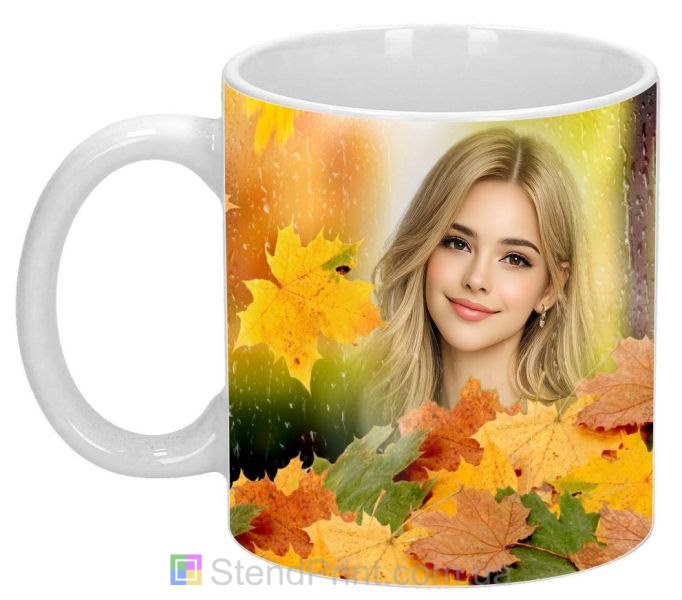 Кружка с фото осенний подарок маме с кленовыми листьями