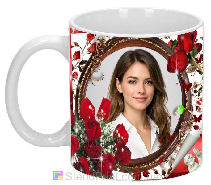 Чашка с фото в деревянной рамке и красными розами романтический подарок заказать