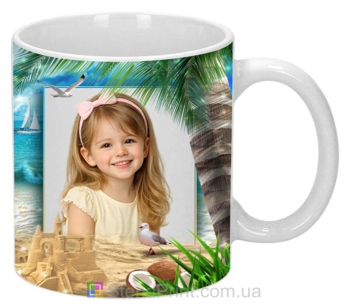 Чашка з фото морське узбережжя, піщаний замок, пальма — замовити