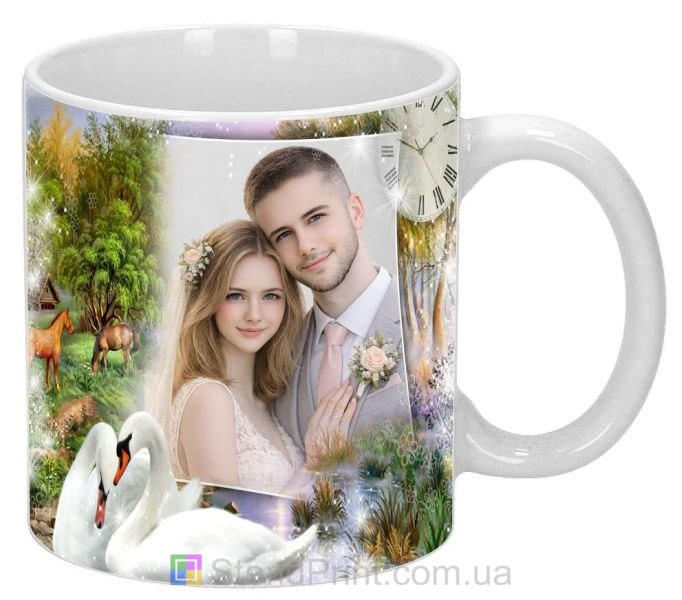 Чашка с фото домик у леса лошади и лебеди природа заказать