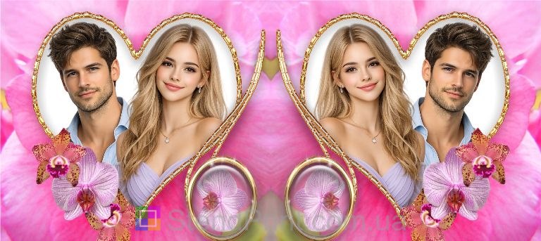 Парная кружка с фото для влюбленных с сердцем и орхидеями подарок заказать