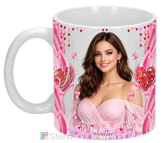 Кружка с фото на День святого Валентина с розовыми сердцами