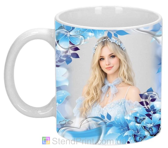 Кружка з фото у блакитному квітковому дизайні замовити