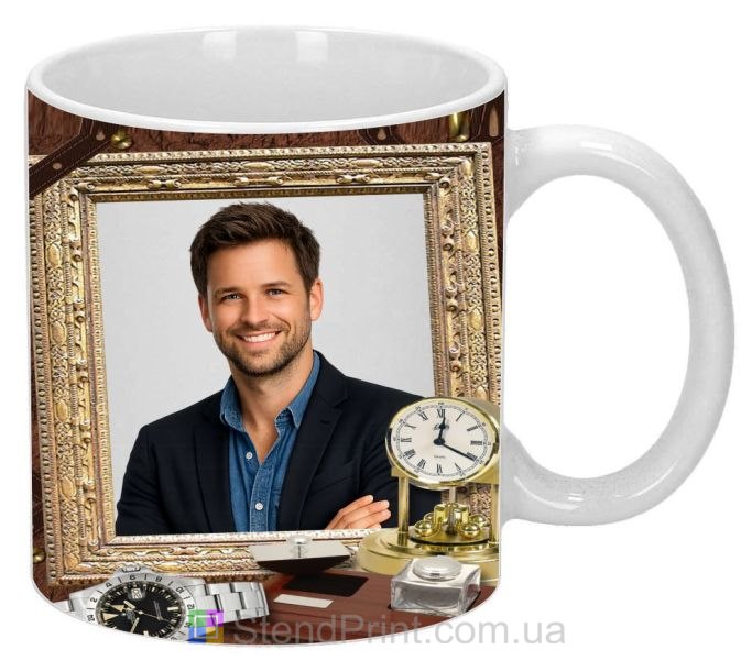 Чашка с фото в классическом стиле золотая рамка и часы статусный персональный подарок заказать