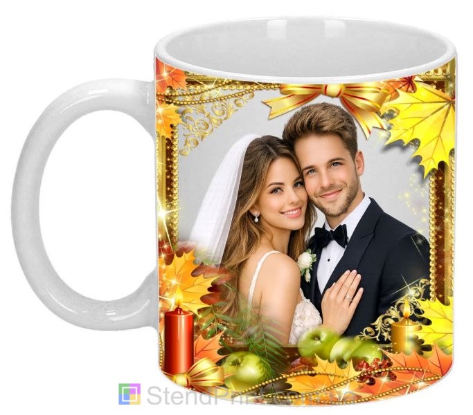 Кружка с фото осень кленовые листья яблоки свечи персональная печать