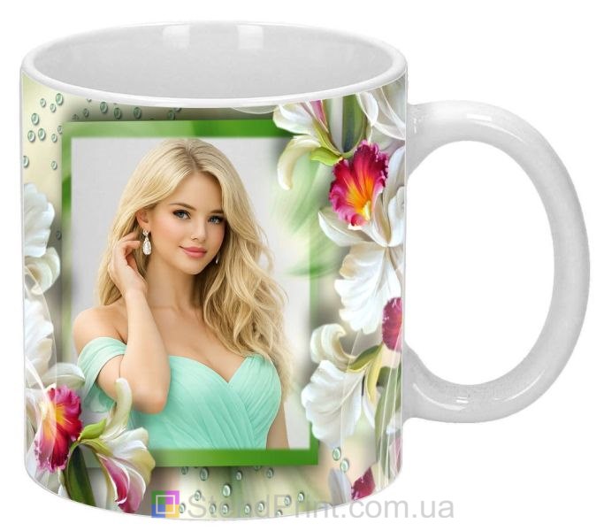 Кружка з фото розкішні квіти та роса зі своїм фото замовити