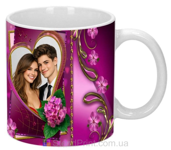 Кружка с фото в розовом сердечном коллаже романтичный персональный подарок заказать