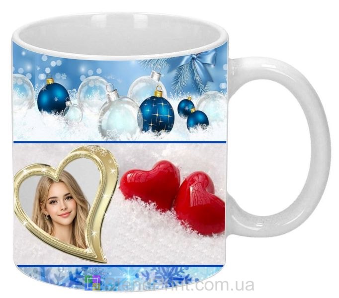 Кружка с фото в зимнем романтичном коллаже с сердцами и новогодними шарами заказать
