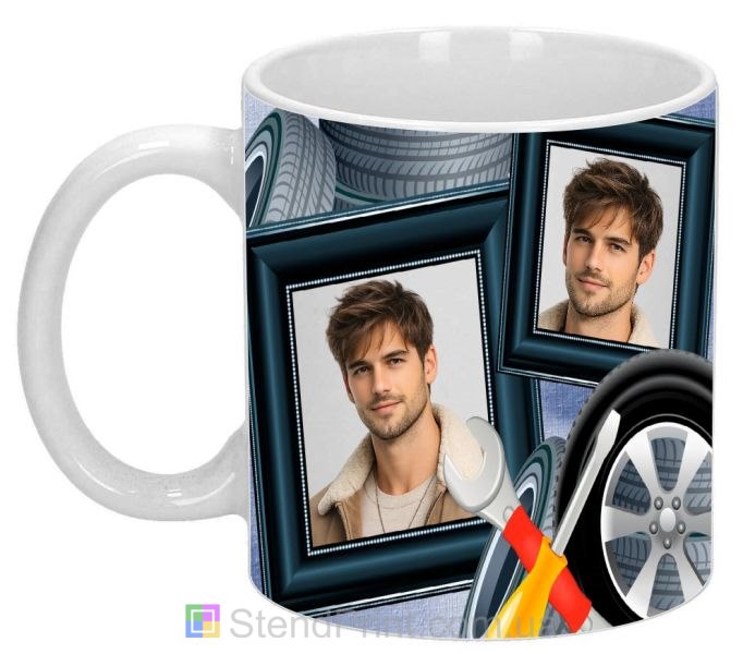 Кружка з фото в авто стилі з колесом та інструментами — персональний подарунок автолюбителю, замовити