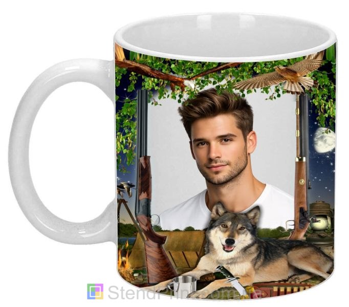 Чашка с фото в охотничьем стиле с ружьём и волком персональный подарок охотнику заказать онлайн