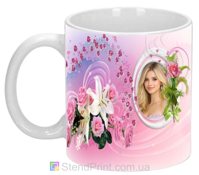 Кружка с фото для любимой в розовом дизайне с цветами и сердцами нежный подарок заказать