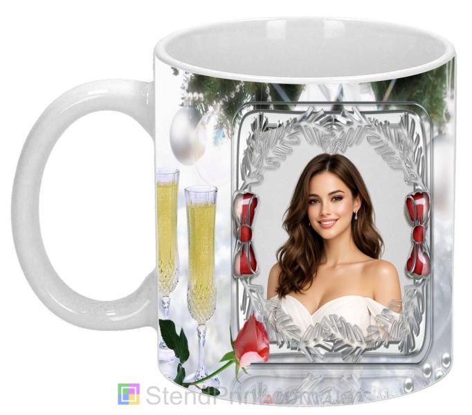 Горнятко з фото з шампанським святковий дизайн із срібною рамкою стильний подарунок замовити