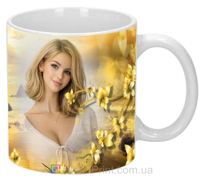 Чашка с фото морской пейзаж золотой закат цветы заказать