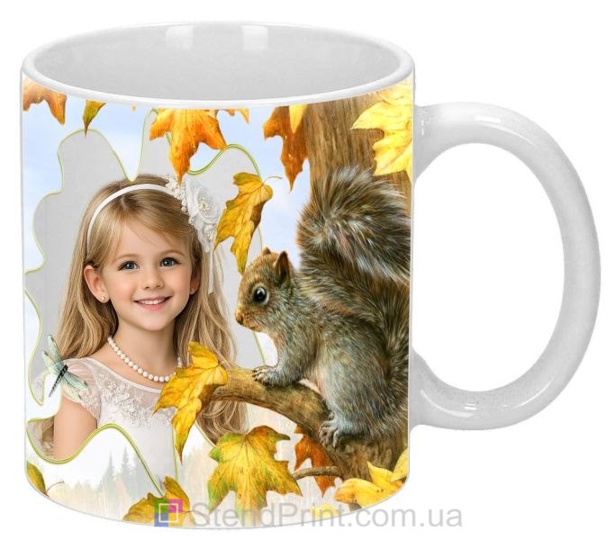 Кружка з фото осіннє листя та білочка — персональний друк на кружці