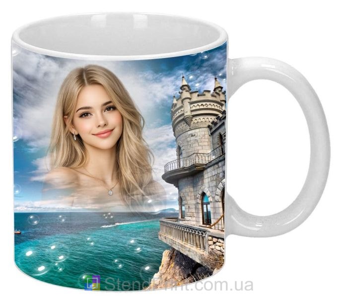 Кружка с фото Крым Ласточкино гнездо на фоне моря персональный подарок заказать