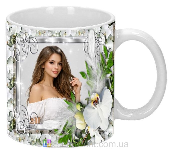 Кружка з фото білі орхідеї та пір’я ніжний подарунок замовити