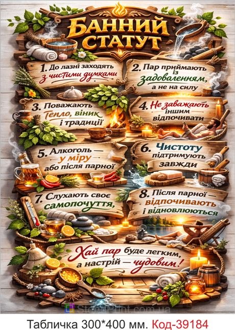 Табличка Банный устав для бани и сауны купить