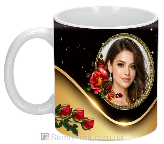 Кружка с фото для девушки с красными розами и золотой рамкой