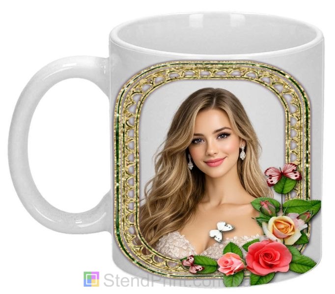 Чашка с фото для девушки с розами и бабочками заказать подарок