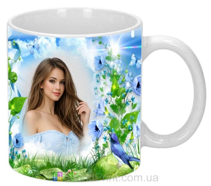Чашка с фото для девушки нежный цветочный дизайн с птицей заказать