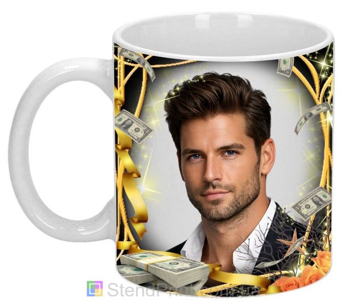Кружка з фото на подарунок чоловіку в золотому дизайні з грошима