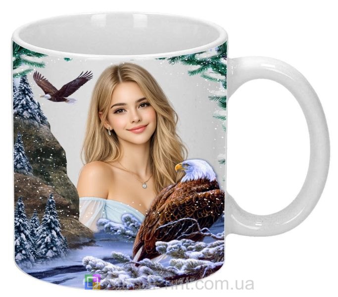 Кружка з фото для дівчини — зимовий дизайн з орлом, подарунок, замовити
