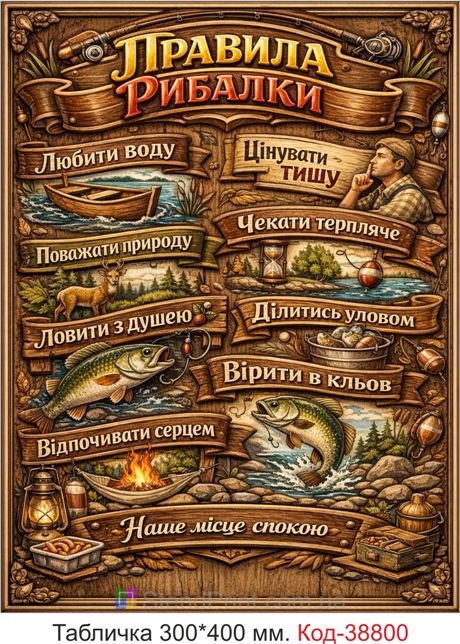 Купити табличку правила рибалки дерев’яний декор рибалка