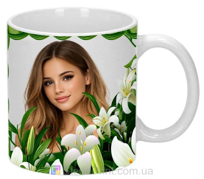 Чашка с фото весенний подарок девушке с лилиями заказать