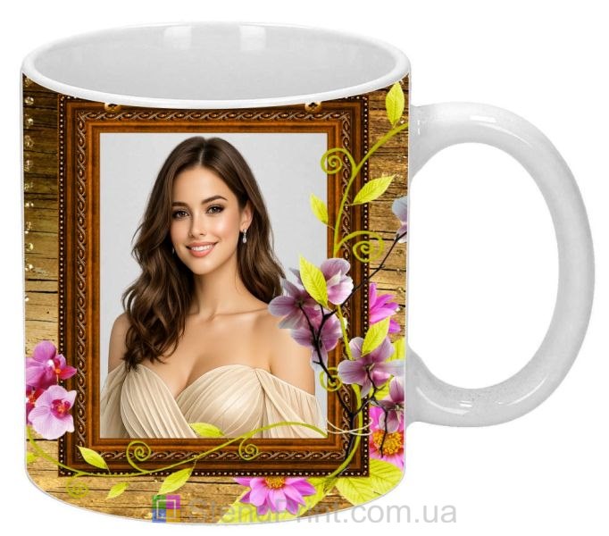 Чашка с фото для девушки с цветами в рамке заказать подарок