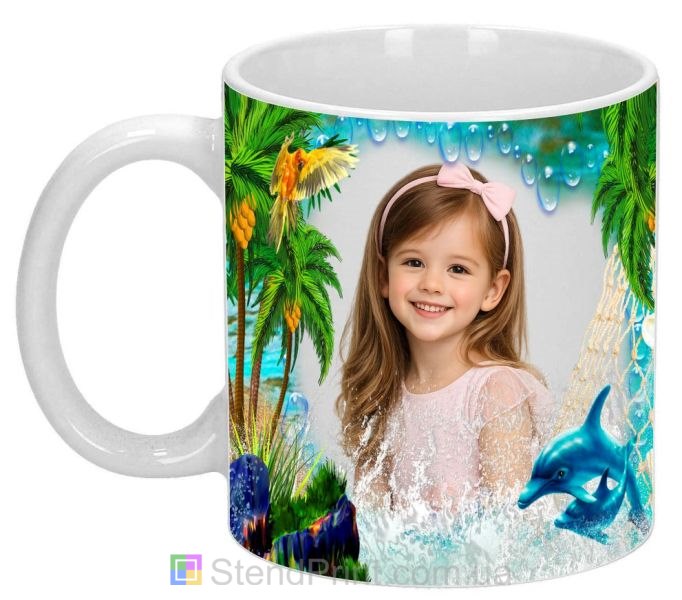 Чашка з фото морський відпочинок, пальми, дельфіни, папуга — замовити