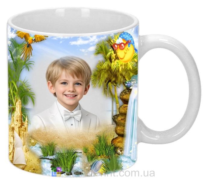 Детская кружка с фото песочное побережье и пальмы