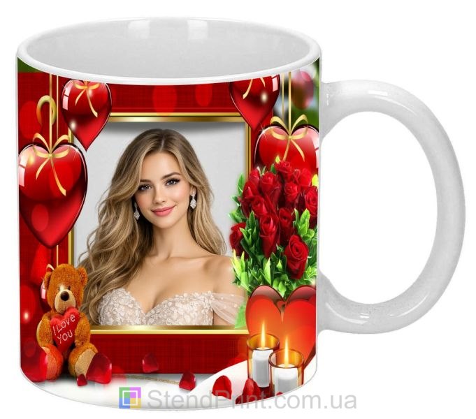 Кружка с фото с сердцами и розами романтичный подарок