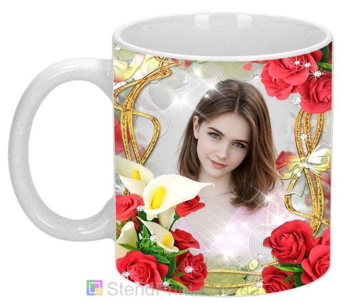 Кружка с фото розы и каллы красно золотой дизайн заказать фотопечать