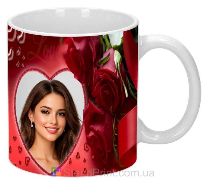 Горнятко з фото для коханої з трояндами та серцем подарунок дівчині