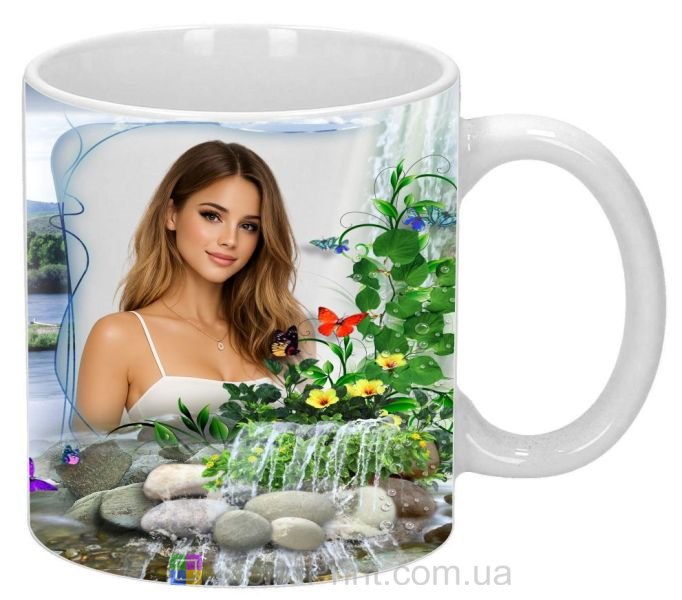 Горнятко з фото водоспад, квіти та метелики, природа — замовити