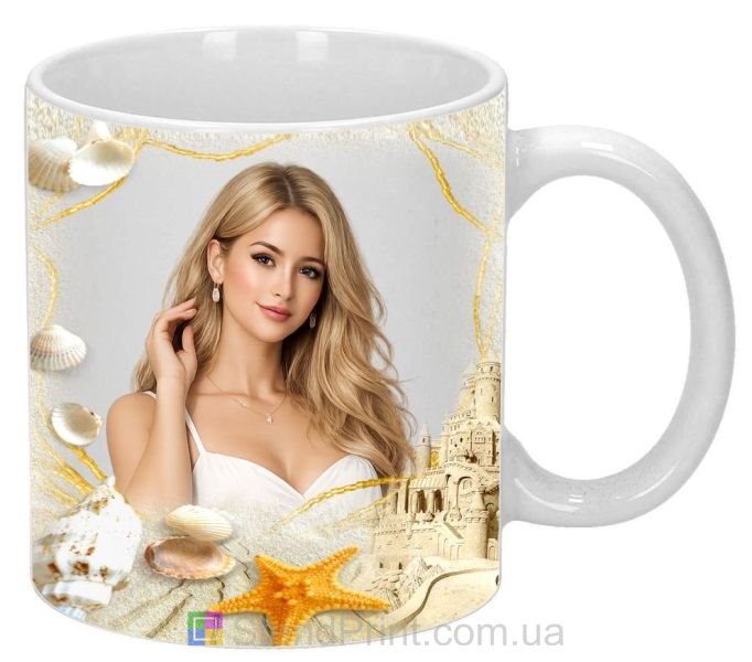 Кружка з фото піщане узбережжя, мушлі, морська зірка — замовити