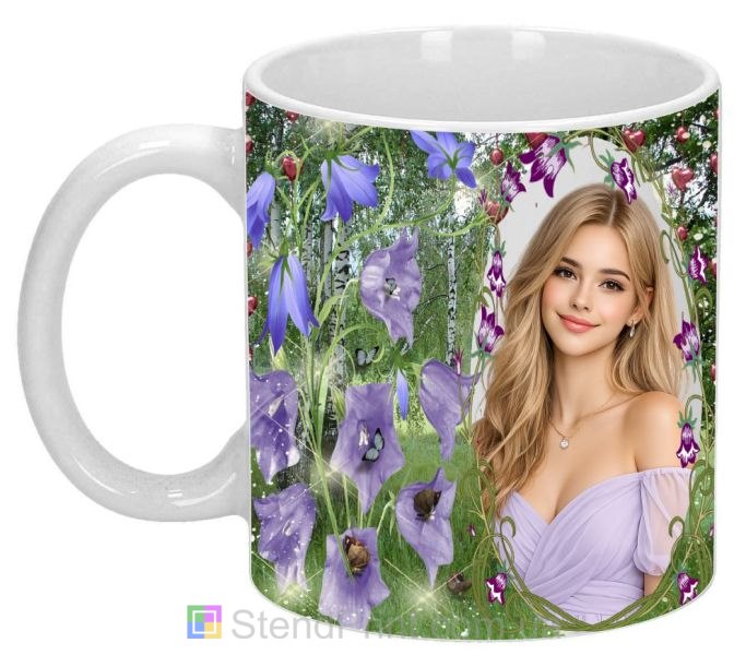 Кружка с фото с фиолетовыми цветами и лесным дизайном нежный природный подарок заказать