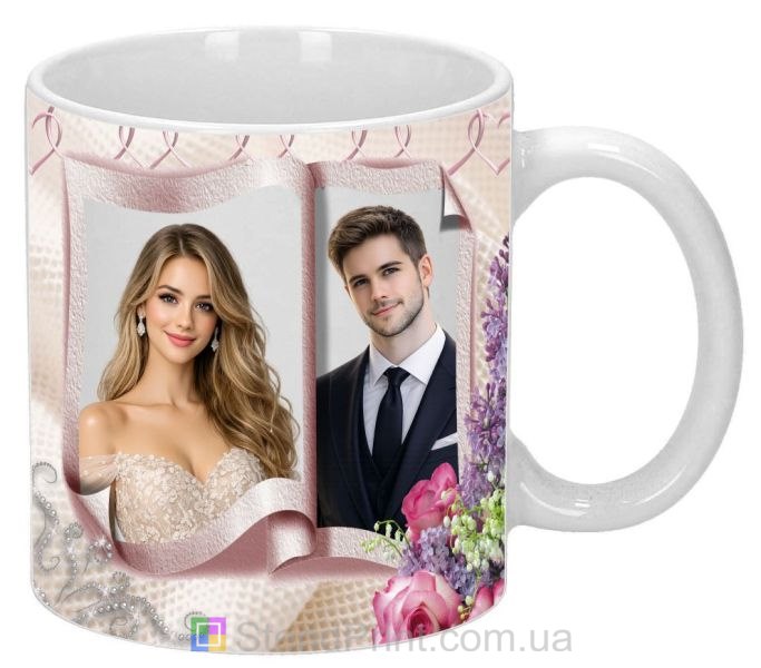 Чашка с фото свадебный коллаж с цветами и лентами нежный подарок для пары заказать