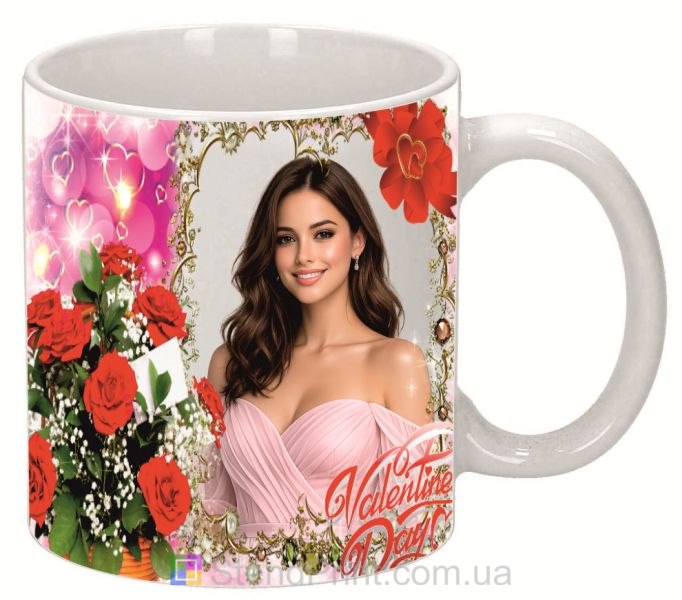 Чашка с фото с розами и сердцами романтический подарок на День влюблённых заказать