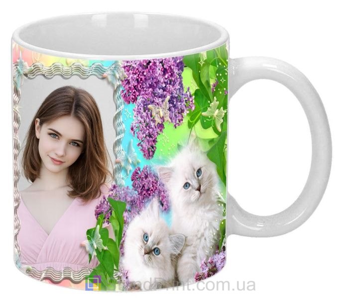 Чашка с фото белые котята сирень нежный дизайн заказать
