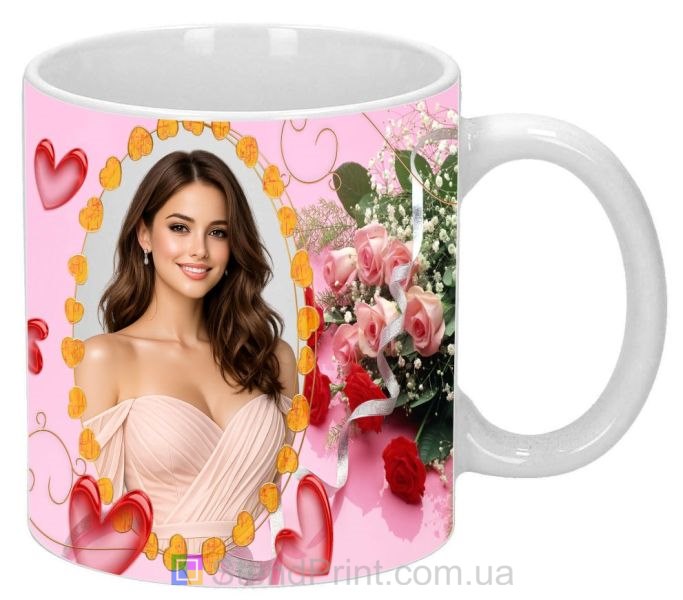 Кружка с фото розы и сердца нежный подарок