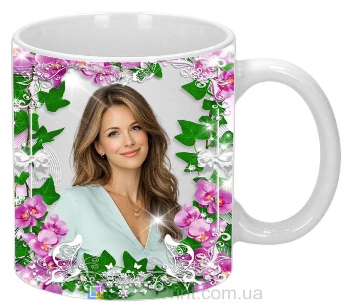 Чашка з фото орхідеї та зелень зі своїм фото замовити